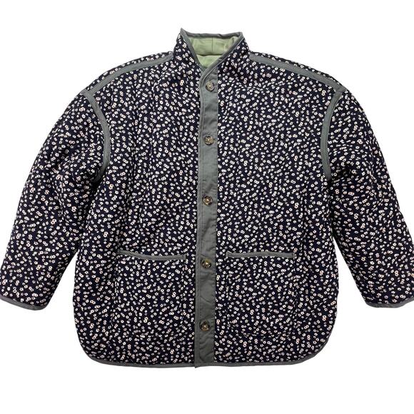 BLANKNYC Reversible Quilted Jacket XS Olive Navy Ditsy Floral Boxy Button Front - Picture 14 of 16